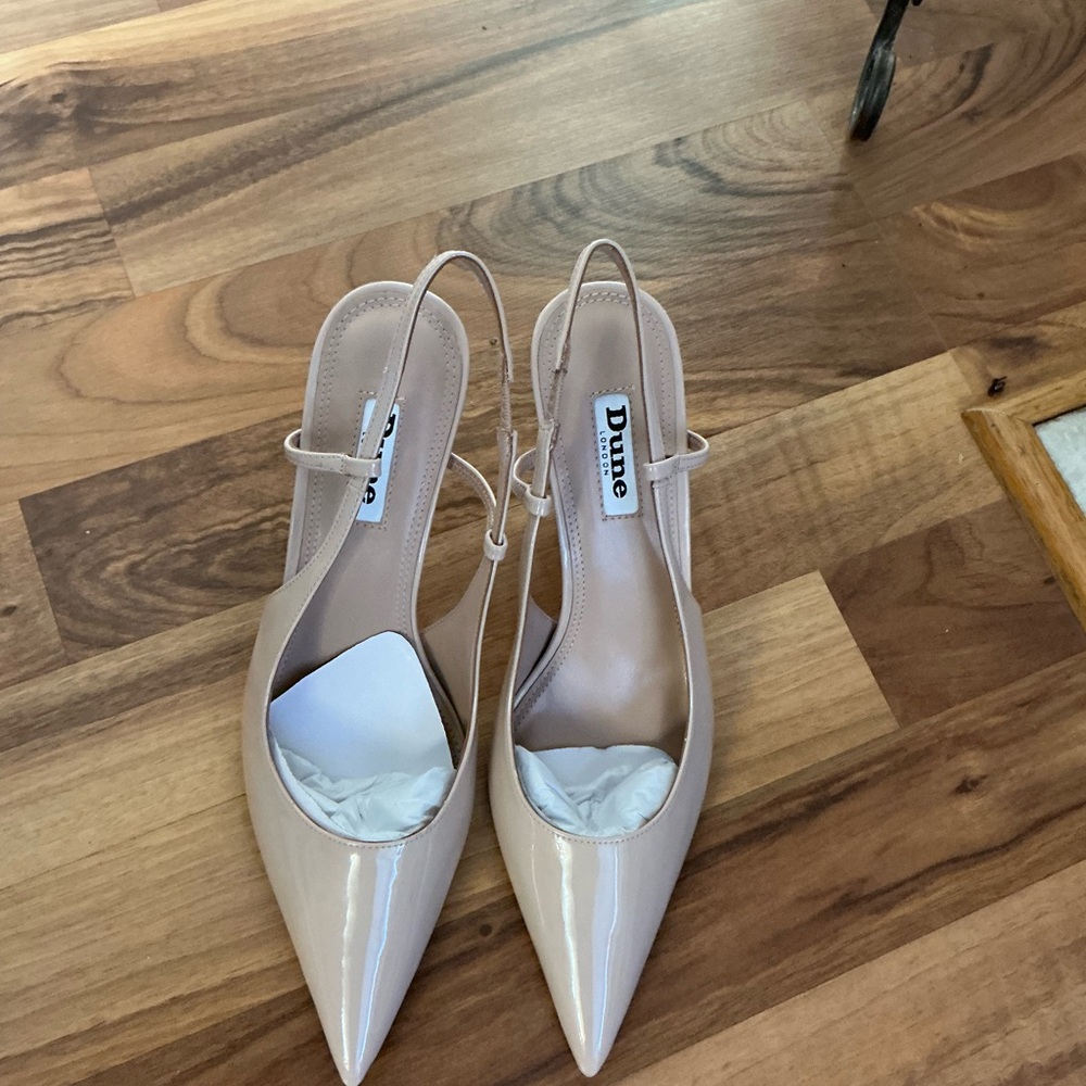 Dune London Cream Patent Pointed Slingback Heels